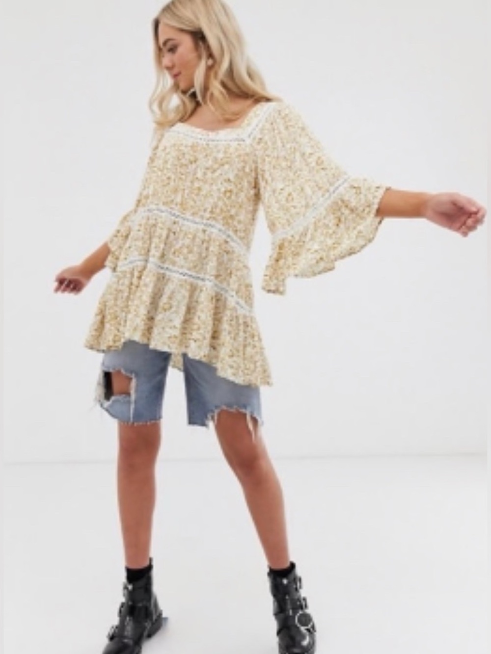 Free People Boho Floral Crochet Trim Tunic ~Dress in Mustard Ivory XL - Picture 8 of 9